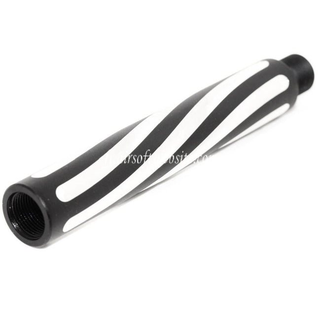 Airsoft Website 4.5 Pouces Aluminium 2-Tone Spiral Fluted Canon Extérieur Extension Tube -14mm CCW sens antihoraire AEG GBB Noir/Argent