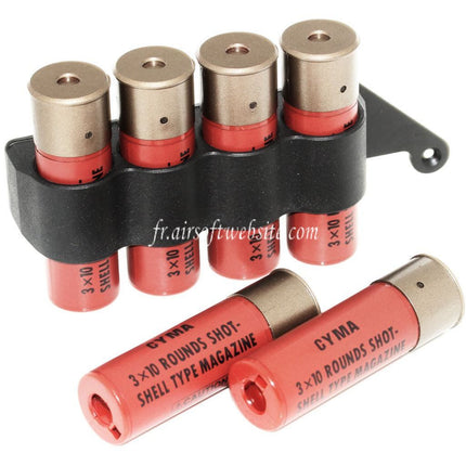 CYMA 6pièces (30 Billes each) Plastique Chasse Cartouche Chargeur avec 4-Cartouche Collecteur Sac Métal Carrier Convient pour CYMA Tokyo Marui M870 Shotgun Airsoft
