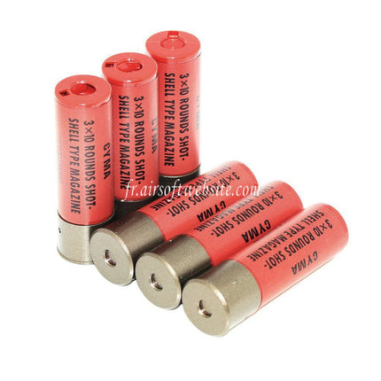CYMA 6pièces (30 Billes each) Plastique Chasse Cartouche Chargeur avec 4-Cartouche Collecteur Sac Métal Carrier Convient pour CYMA Tokyo Marui M870 Shotgun Airsoft