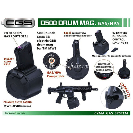 CYMA 500 Billes Électrique Contrôle du son Gaz Tambour Chargeur Convient pour CYMA CGS Tokyo Marui M4 Série MWS GBB Fusils Airsoft Noir